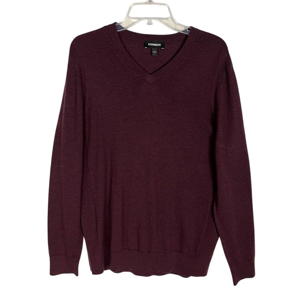 Express Men's Burgundy Merino Wool Long Sleeve V-Neck Pullover Sweater Size‎ L